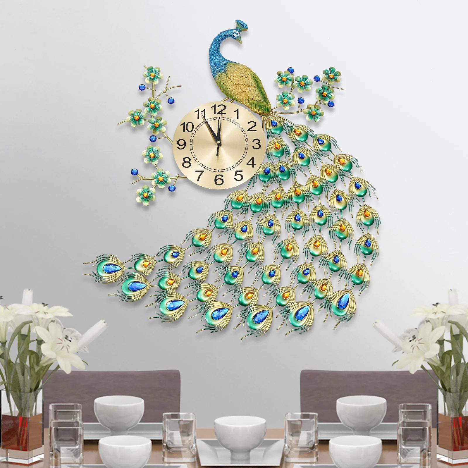 Exquisite Retro Decorations Peacock Wall Clock 75*65cm for Decorating Living Room and Dining Room Special Gift - Home Fusion