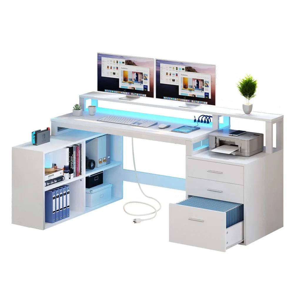 Office Furniture Desk Sets ,65" L Shaped Desk With Power Outlets And Monitor Stand , Computer Desk With LED Light &File Cabinet - Home Fusion