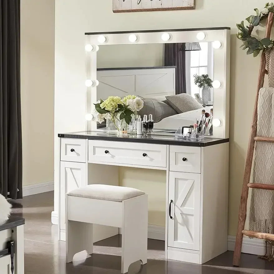LED vanity mirror Make-up Dresser with Mirror and Lamp, Farmhouse Dresser Set, Including Stool, Bedroom, Off-white Mirrors for Bedroom 076823-f9.myshopify.com
