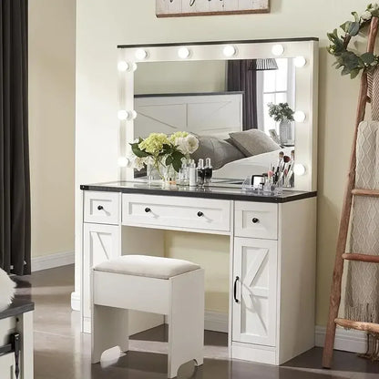 LED vanity mirror Make-up Dresser with Mirror and Lamp, Farmhouse Dresser Set, Including Stool, Bedroom, Off-white Mirrors for Bedroom 076823-f9.myshopify.com