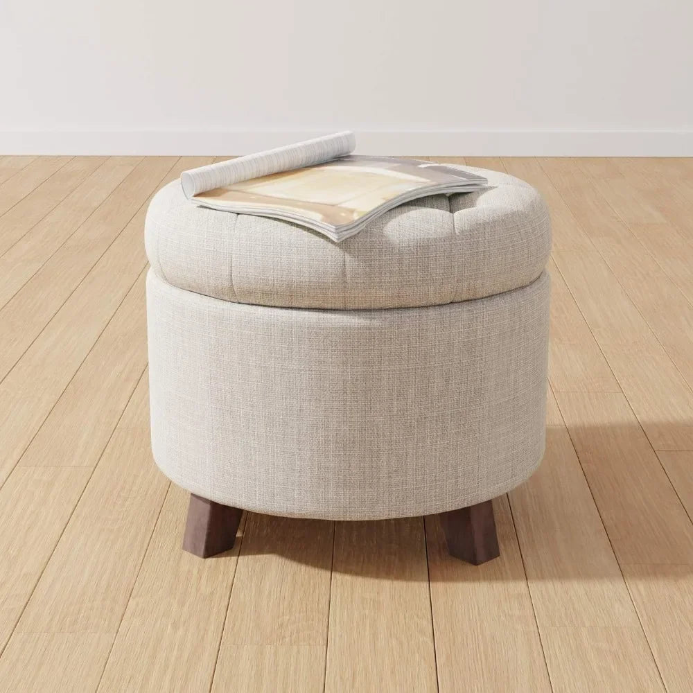 Upholstered Tufted Storage Round Ottomans, Burlap Beige, ‎20"W x 20"D x 17"H Footstool for Living Room,Bedroom,Office Ottoman - Home Fusion
