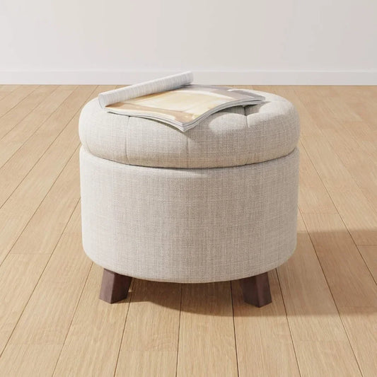 Upholstered Tufted Storage Round Ottomans, Burlap Beige, ‎20"W x 20"D x 17"H Footstool for Living Room,Bedroom,Office Ottoman - Home Fusion