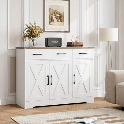 Modern Farmhouse Sideboard Buffet Cabinet, Barn Doors Buffet Storage Cabinet with Drawers and Shelves - Home Fusion