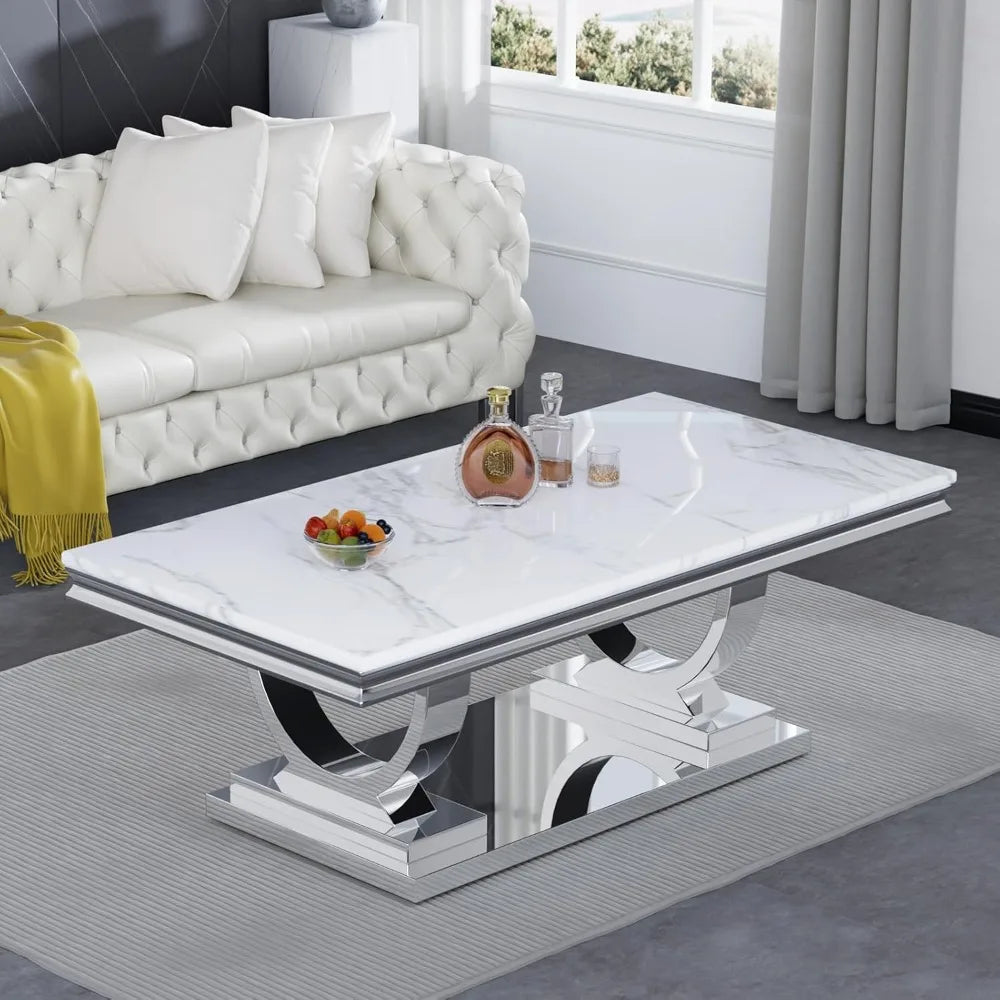 47" Rectangular Coffee Table, Modern White Faux Marble Cocktail Table, with Silver Mirrored Finish U-Shape Stainless Steel Base - Home Fusion