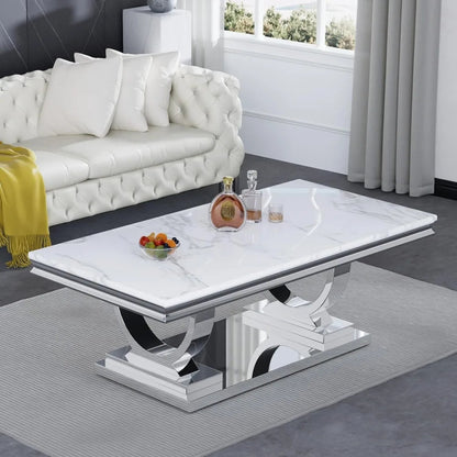 47" Rectangular Coffee Table, Modern White Faux Marble Cocktail Table, with Silver Mirrored Finish U-Shape Stainless Steel Base - Home Fusion