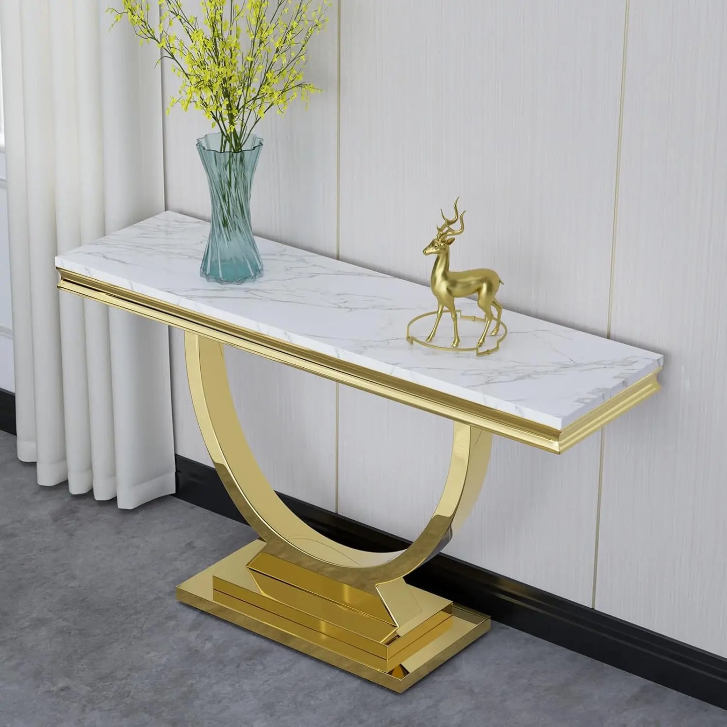 47" Rectangular Coffee Table, Modern White Faux Marble Cocktail Table, with Silver Mirrored Finish U-Shape Stainless Steel Base - Home Fusion