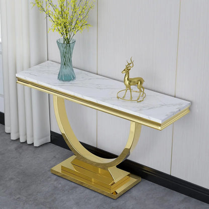 47" Rectangular Coffee Table, Modern White Faux Marble Cocktail Table, with Silver Mirrored Finish U-Shape Stainless Steel Base - Home Fusion