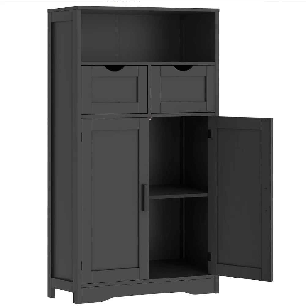 Iwell Storage Cabinet, Rattan Cabinet with 2 Drawers and Adjustable Shelves, Cupboard, Floor Cabinet with Doors for Living Room - Home Fusion