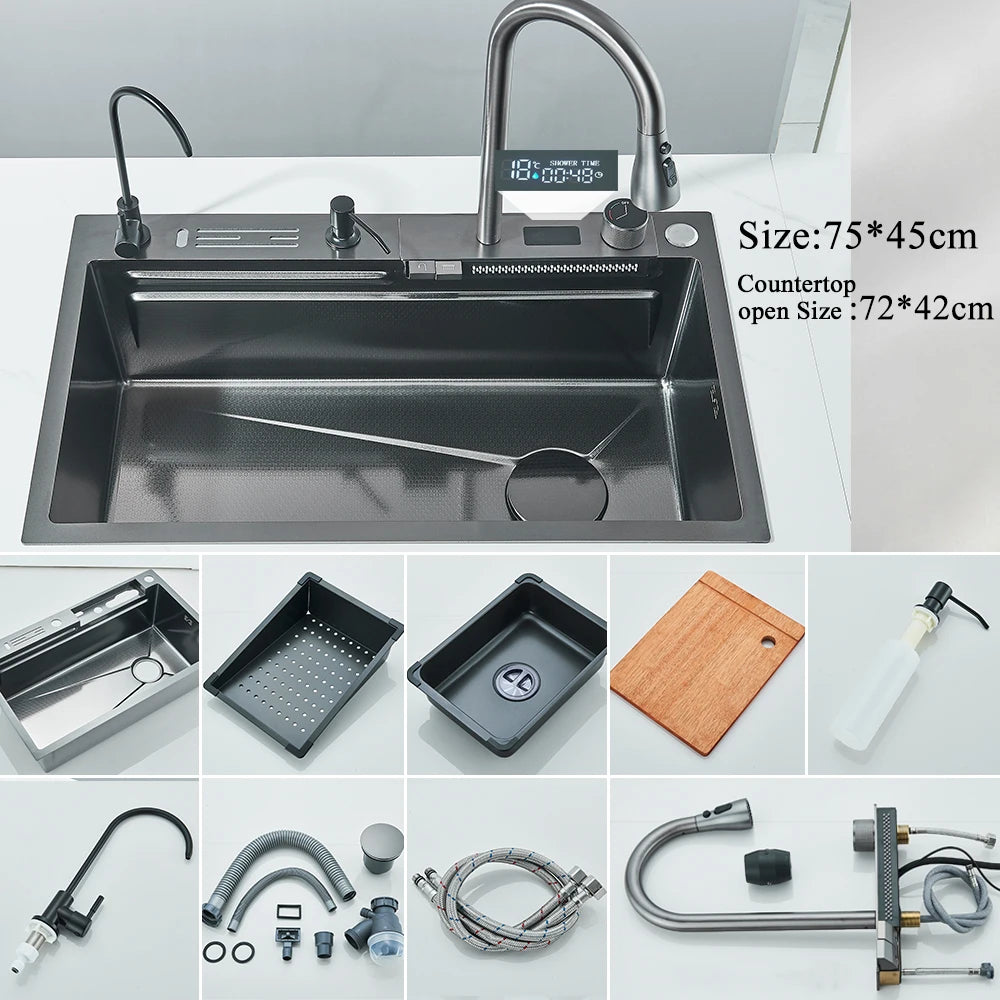 304 Stainless Steel Waterfall Kitchen Sink Large Single Slot Integrated Digital Display Faucet Set Soap Dispenser Cup Washer Home Fusion