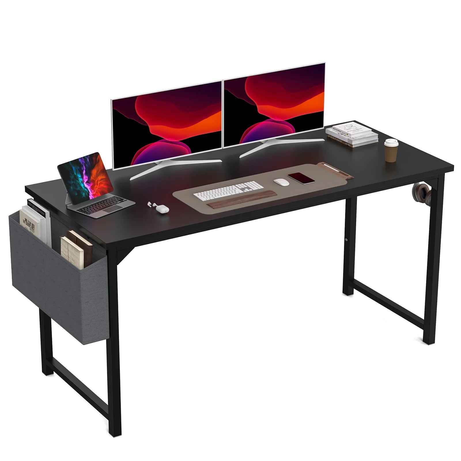 JHK Computer Desk Writing Study Office Gaming Table Modern Simple Style Compact with Side Bag Headphone Hook Easy Assembly - Home Fusion
