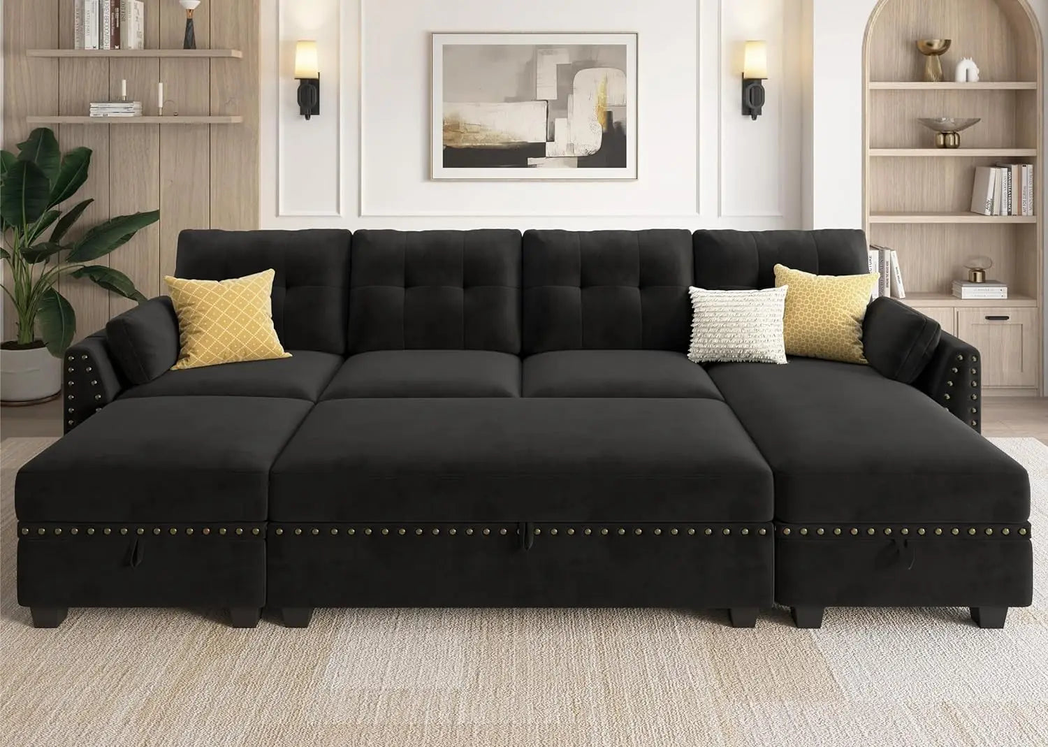 sofa set Velvet Reversible Sectional Sleeper Sofa with Storage Ottoman Convertible Couch 4-Seater Sectional Sofa Bed for Living Room 076823-f9.myshopify.com