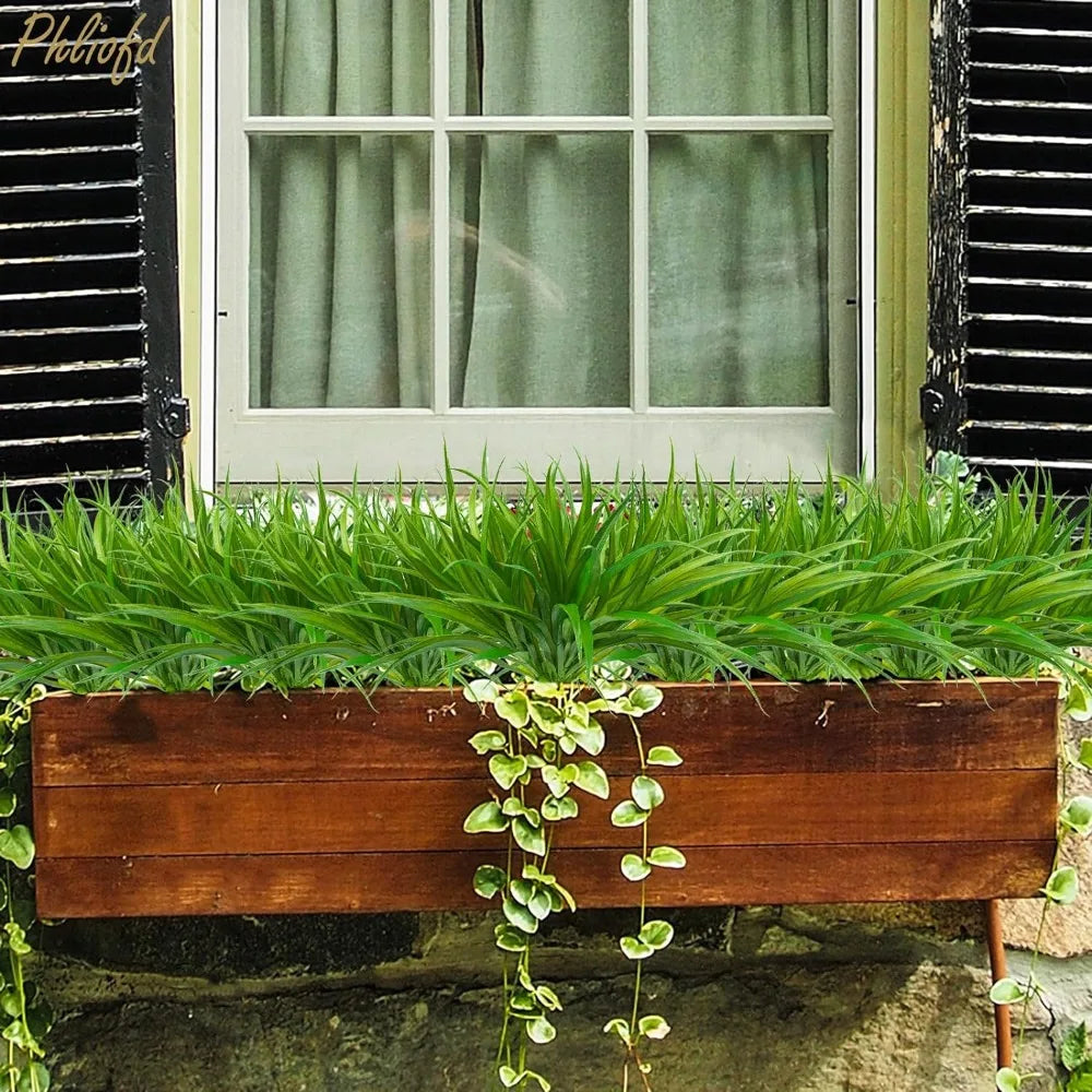16Pcs Artificial Grass Fake Plants 17.3in 16 Leaves Outdoor Fake Grass UV Resistant Greenery Plastic Plants for Home Window - Home Fusion