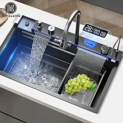 304 Stainless Steel Waterfall Kitchen Sink Large Single Slot Integrated Digital Display Faucet Set Soap Dispenser Cup Washer - Home Fusion
