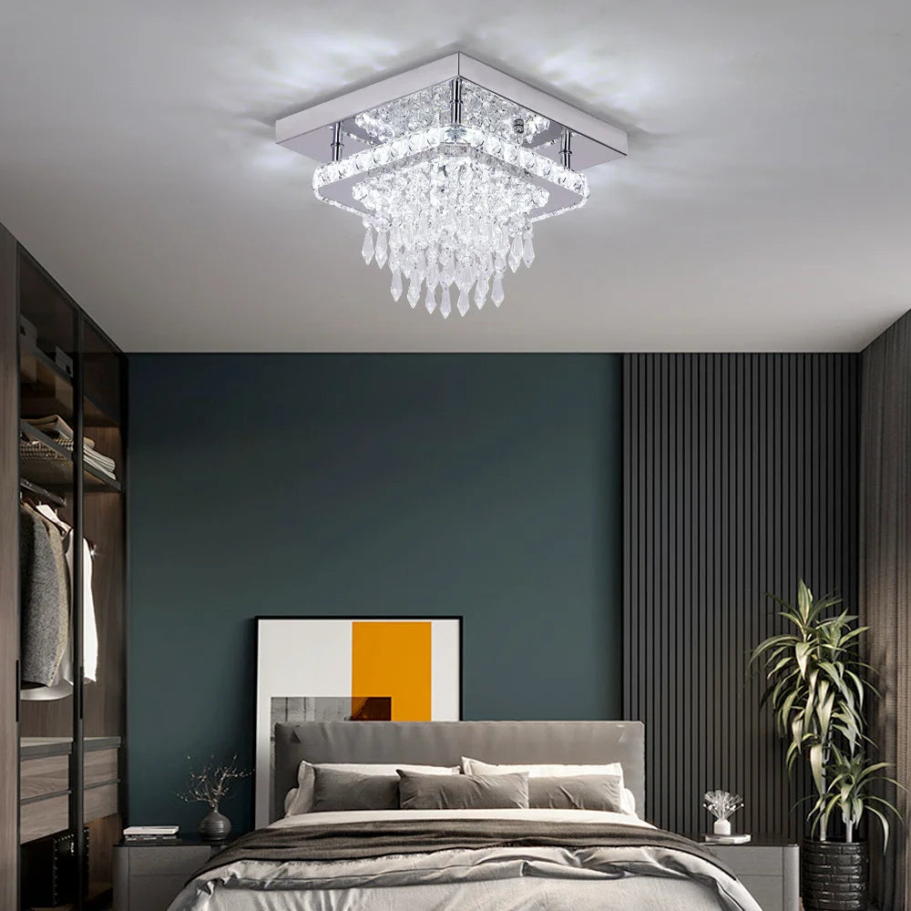 Luxury Crystal Square Bright Led Chandelier Modern Pendant Light Ceiling Lamp Dimmable Flush Mount Bedroom Dinning Living Room Home Fusion