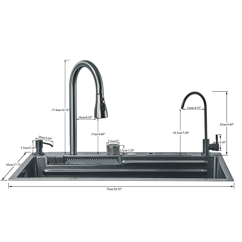 304 High 1uality Intelligent Digital Display  Waterfall Kitchen Sink Large Single Slot Integrated Digital Display Faucet Set - Home Fusion