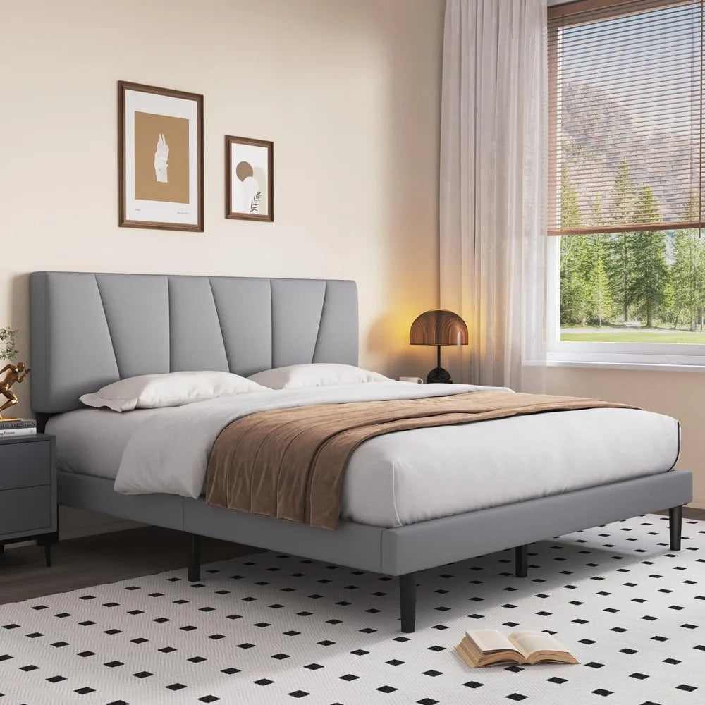 Full Size Bed Frame with Upholstered Headboard, Linen Fabric Wrap, Wooden Slats Support, Solid and Stable, No Box Spring Needed - Home Fusion