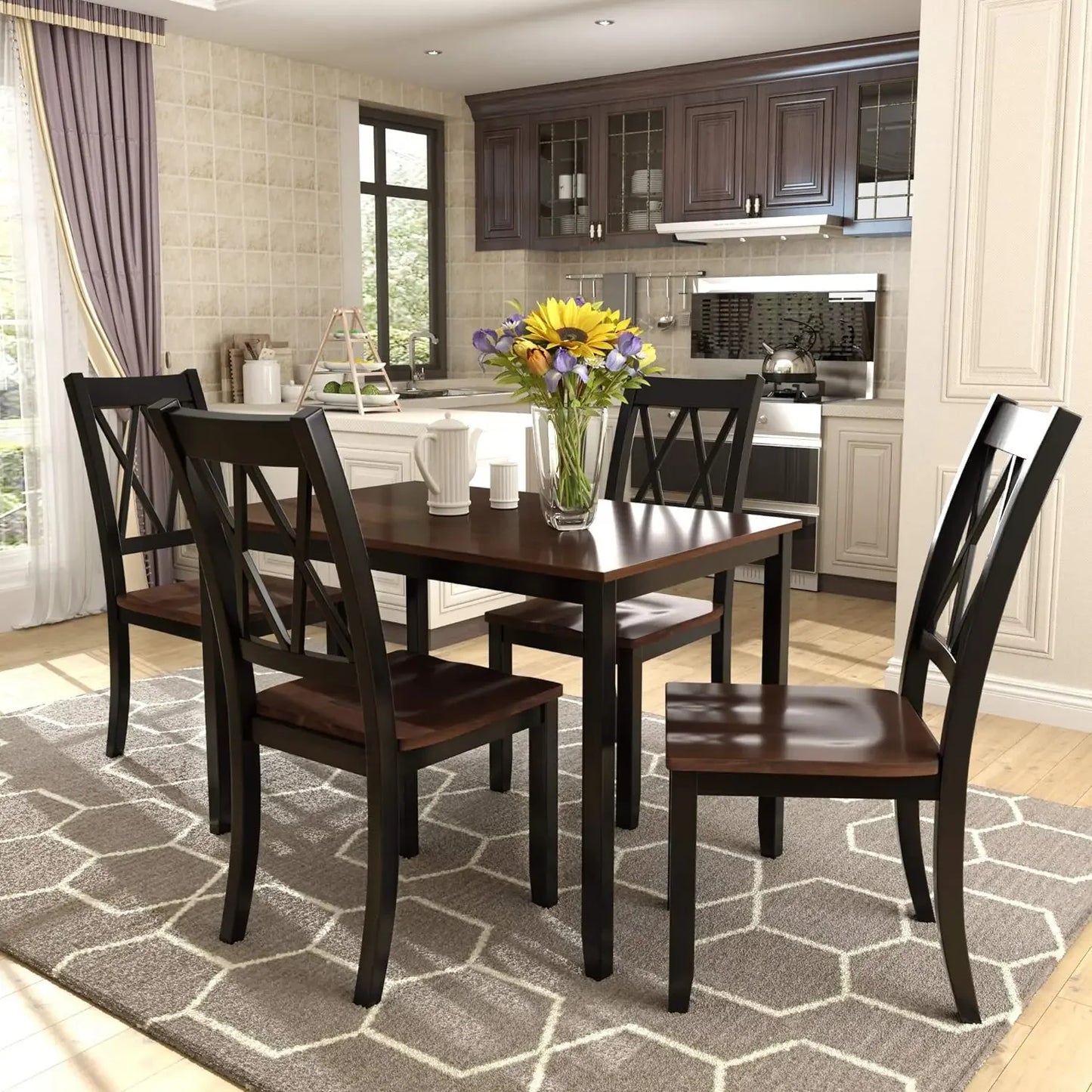 5 Piece Dining Room Table Set for Kitchen with Faux Marble Dining Table and 4 Upholstered-Seat Chairs,Living Room Furniture - Home Fusion
