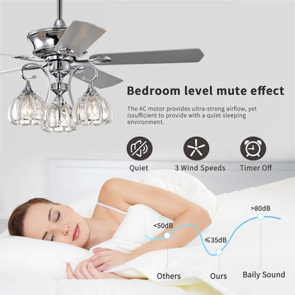 52''Crystal Ceiling Fan Lamp with Remote Control  3 Speed,5 Reversible Blades for Living Room,Dining Room,Bedroom - Home Fusion