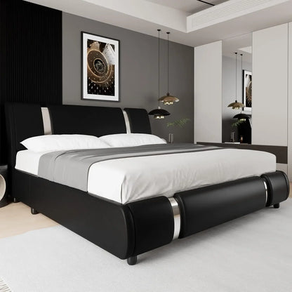 44390050398379|44390050431147|44390050693291 Modern Faux Leather Upholstered Platform Bed Frame with Iron Metal Decor, Adjustable Curved Headboard, Beds 076823-f9.myshopify.com