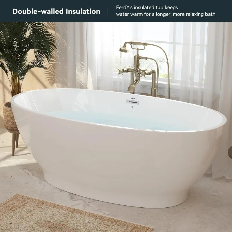 Acrylic freestanding bathtub, modern soaking tub with drain and overflow Including assembly - Home Fusion