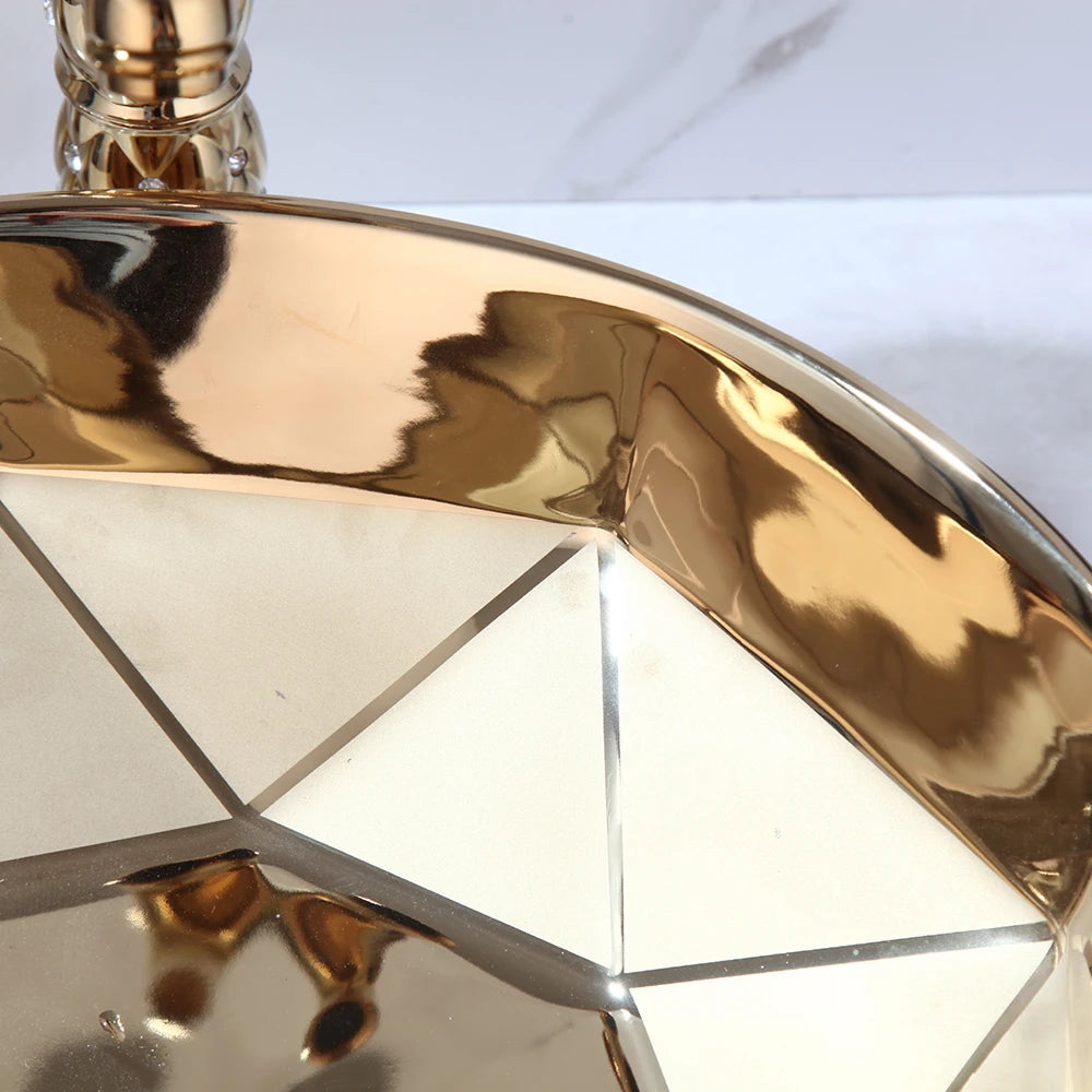 JIENI Bathroom Golden Plated Ceramic Round Combine Faucet Set Diamond Setting Lavatory Washbasin Sink Mixer Faucet w/ Pop Drain - Home Fusion