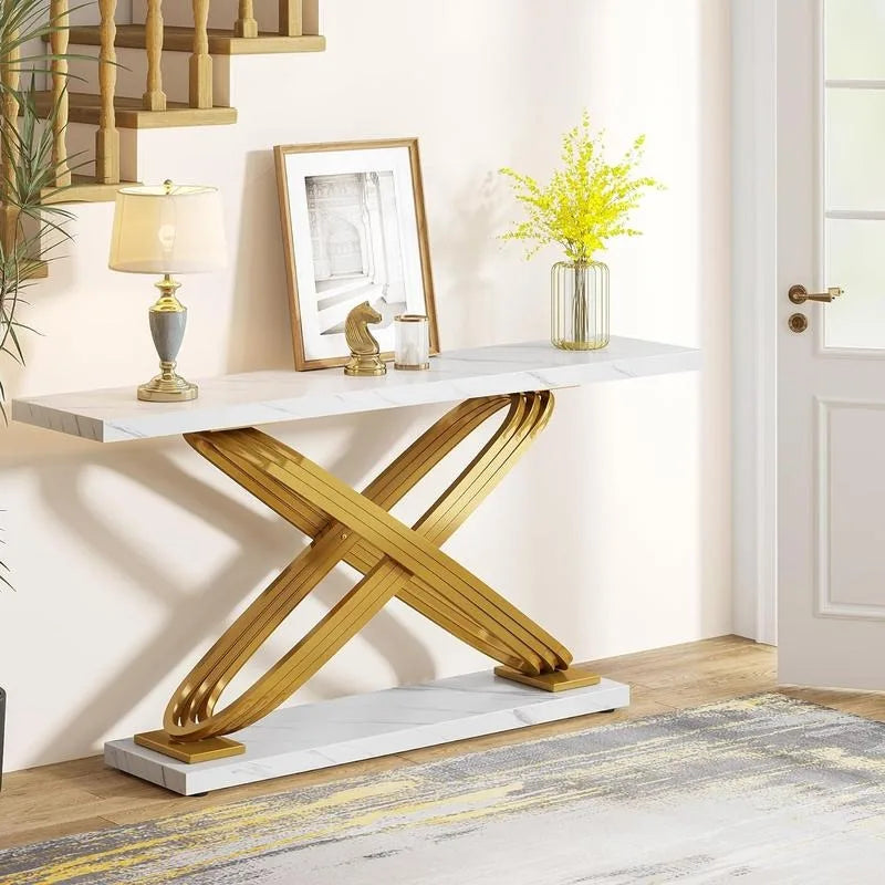 Tribesigns 55" Gold Console Table, Modern Faux Marble Entryway Table with Geometric Metal Base, Long Foyer Sofa Table for Livite - Home Fusion