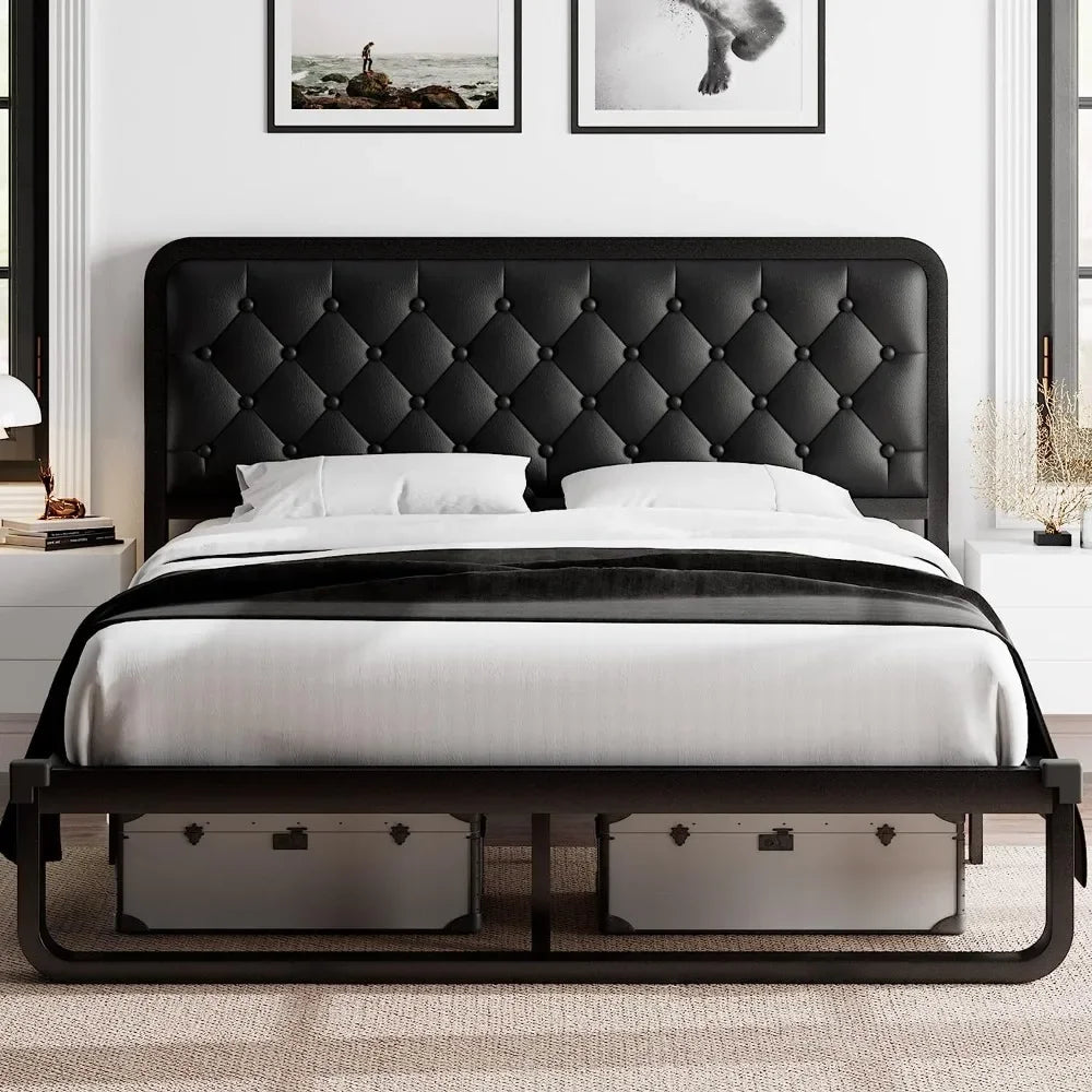 Bed frame, Upholstered Platform Bed Frame, with heavy duty steel slats, diamond tufted headboard - Home Fusion