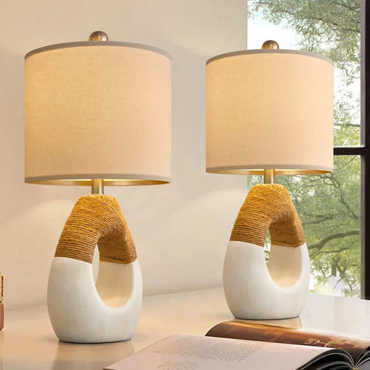 OYEARS Boho Table Lamps Bedroom Living Room Set 2 Small Farmhouse Rattan Table Lamp 19”Rustic Home Decoration Nightstand - Home Fusion