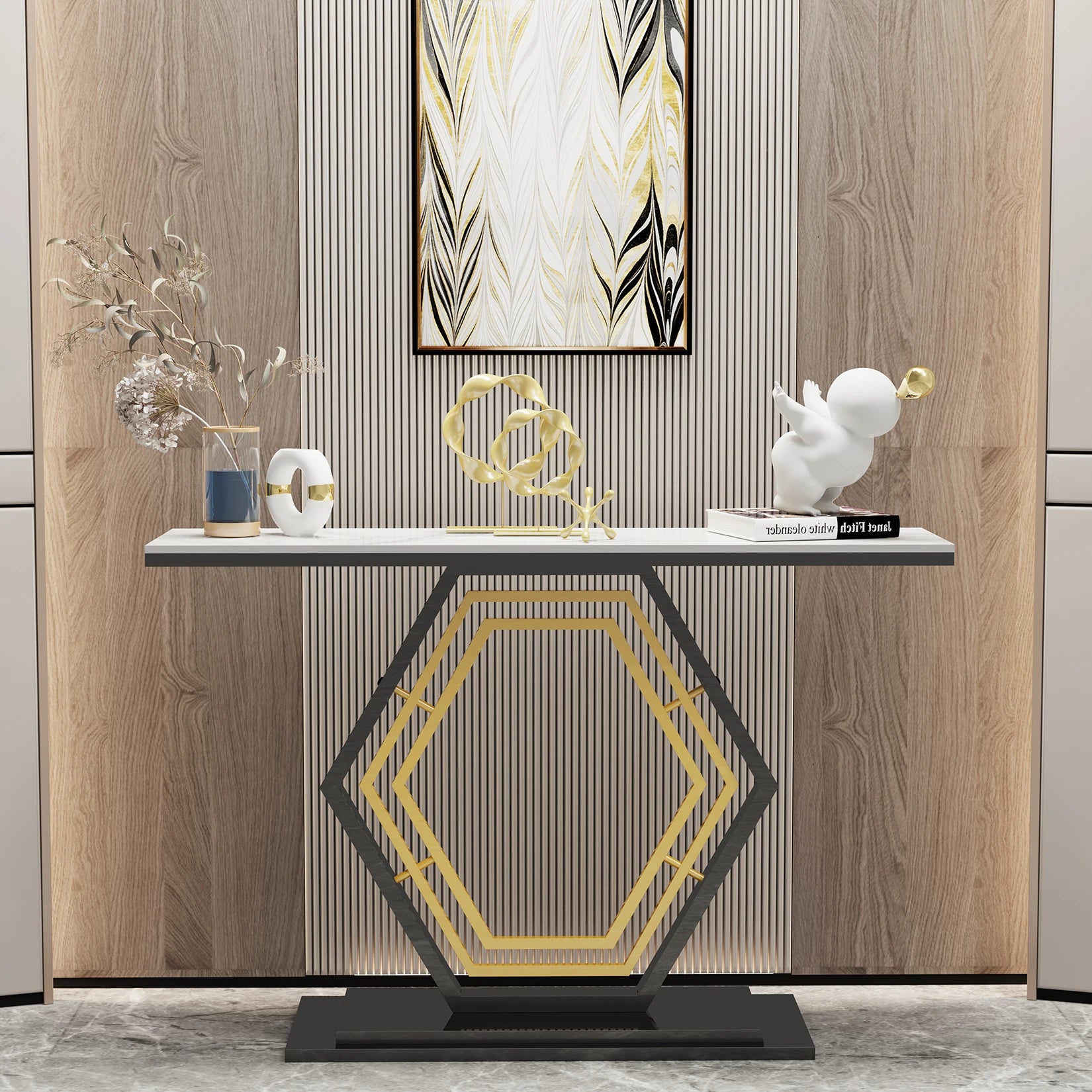 Metal Console Table, Couch Table, Sintered Stone Table Top, Narrow Hallway Tables for Entryway, Front Hall, Hallway, Living Room - Home Fusion