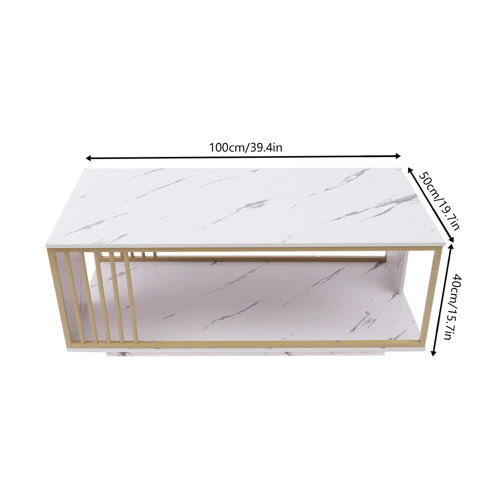Modern 2-Tier White+Gold Coffee Table High Gloss Marble Veneer Rectangle Living Room Furniture, Waiting Area Table - Home Fusion
