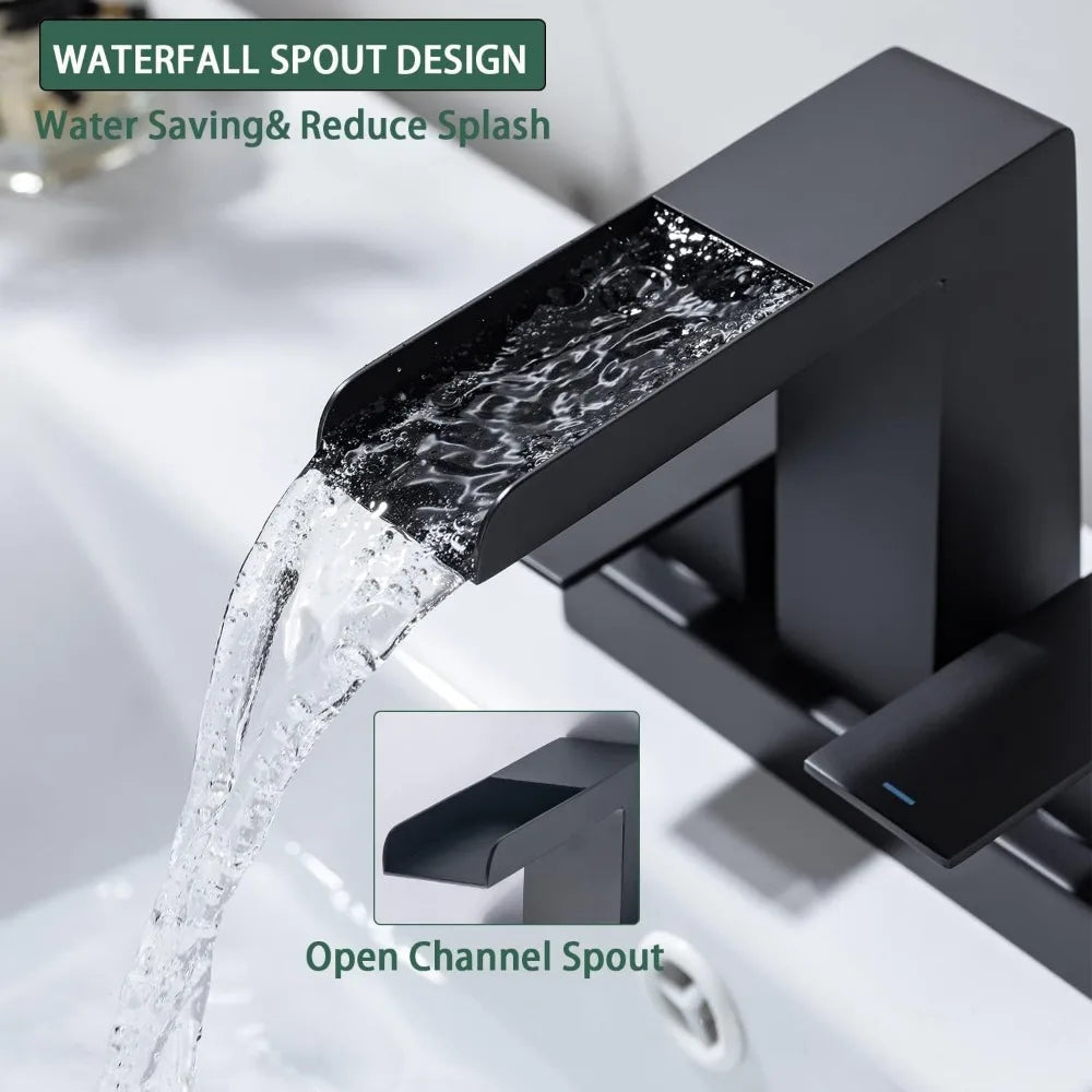 4 Inch Centerset Waterfall Bathroom Faucet 2 Handle 3 Hole Basin Faucet with Pop Up Drain with Overflow Home Fusion