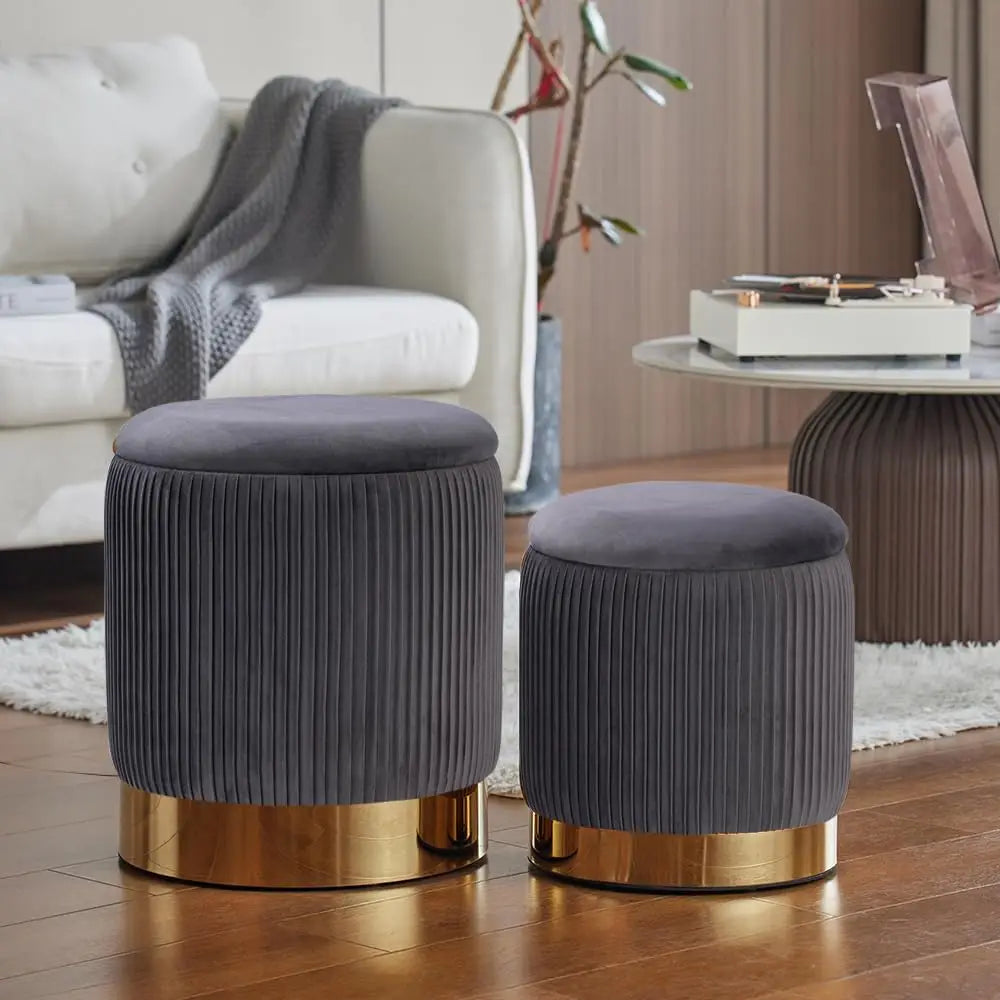 Round with Storage Set of 2, Velvet Storage Ottoman for Living Room, Round Storage, Ottoman Chair, Gold - Home Fusion
