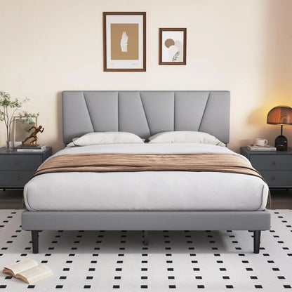Full Size Bed Frame with Upholstered Headboard, Linen Fabric Wrap, Wooden Slats Support, Solid and Stable, No Box Spring Needed - Home Fusion