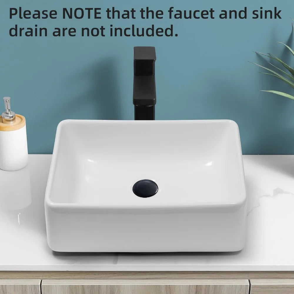 Rectangular Ceramic Countertop Vessel Sink, White Bathroom Sink, Ceramic Small Sink Bowl, Vanity Art Basin, 21 "x 16" x 6" - Home Fusion