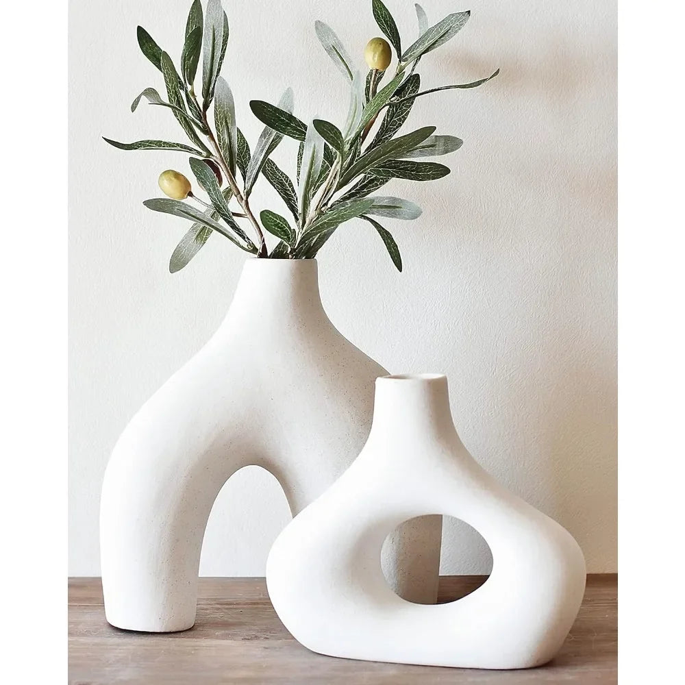 Donut Vase, Set of 2 - Minimalist Nordic, White Ceramic Hollow Donut Vase Decor | Table Centerpiece, Olive Plant, - Home Fusion
