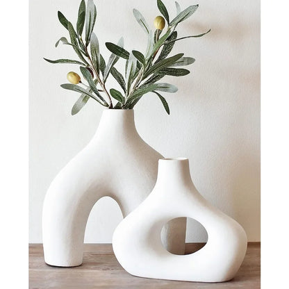 Donut Vase, Set of 2 - Minimalist Nordic, White Ceramic Hollow Donut Vase Decor | Table Centerpiece, Olive Plant, - Home Fusion