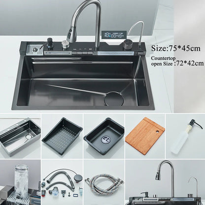 304 Stainless Steel Waterfall Kitchen Sink Large Single Slot Integrated Digital Display Faucet Set Soap Dispenser Cup Washer Home Fusion