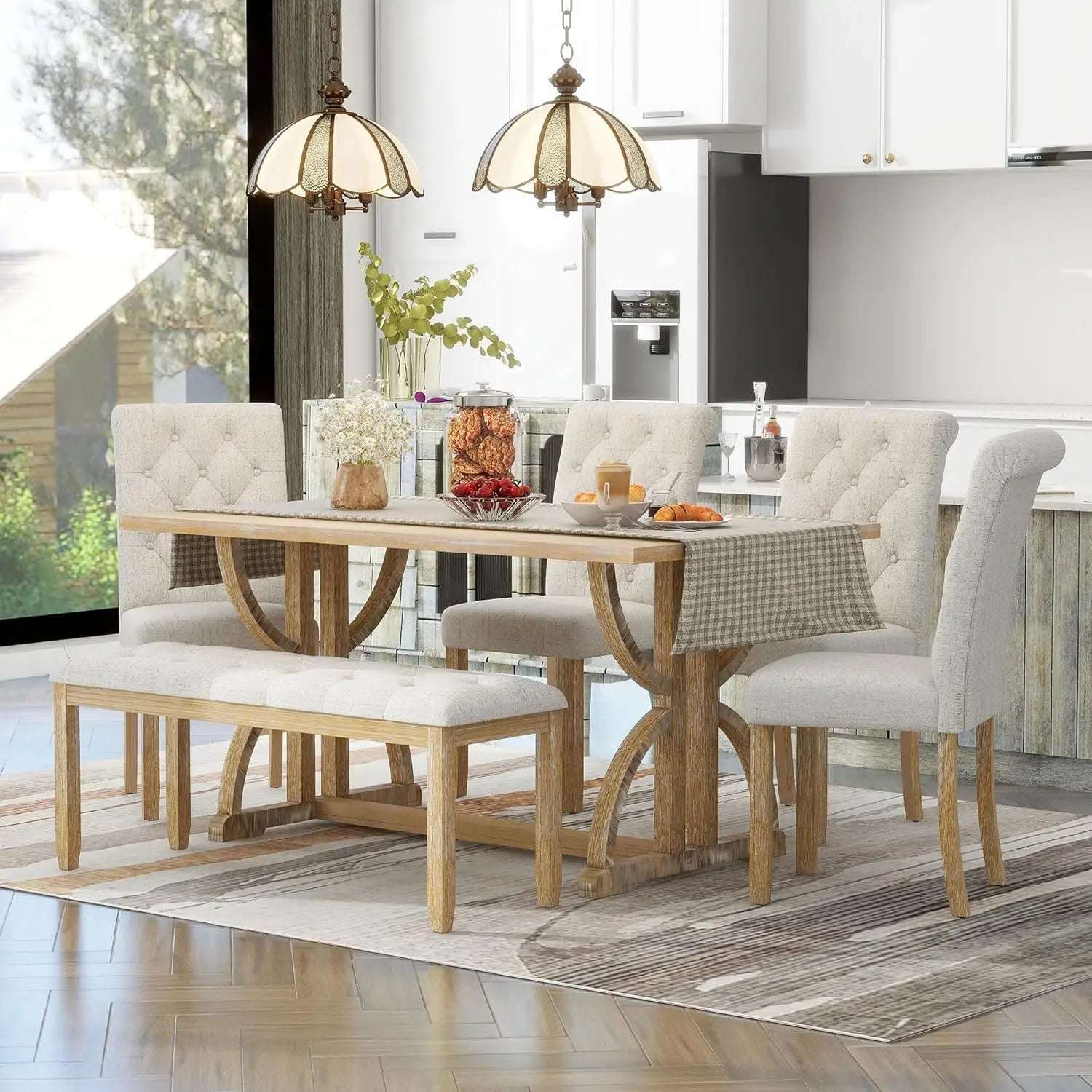 6 Pieces Dining Table Set with Bench, Rectangle Dining Table with 4 Upholstered Chairs & a Bench, Kitchen Table Chairs Set for 6 Home Fusion 6 Pieces Dining Table Set with Bench, Rectangle Dining Table with 4 Upholstered Chairs & a Bench, Kitchen Table Chairs Set for 6 076823-f9.myshopify.com