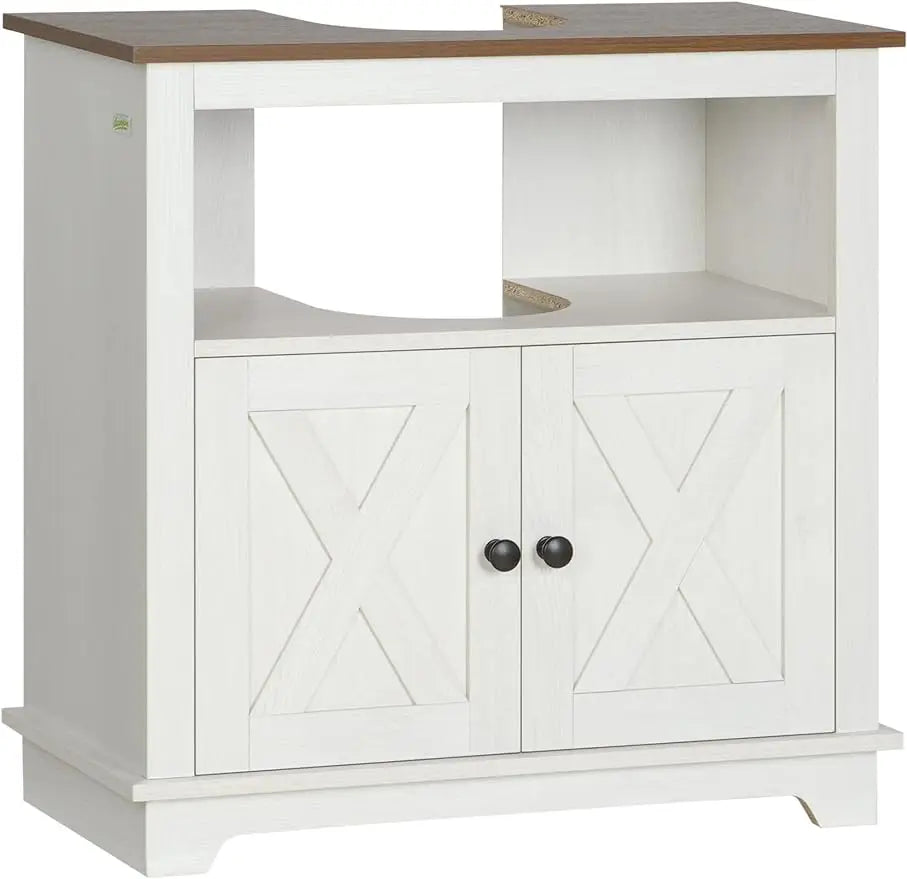 Farmhouse Under Sink Bathroom Cabinet, Pedestal Vanity Storage Cabinet with Double Doors and Storage Shelves, Bathroom - Home Fusion