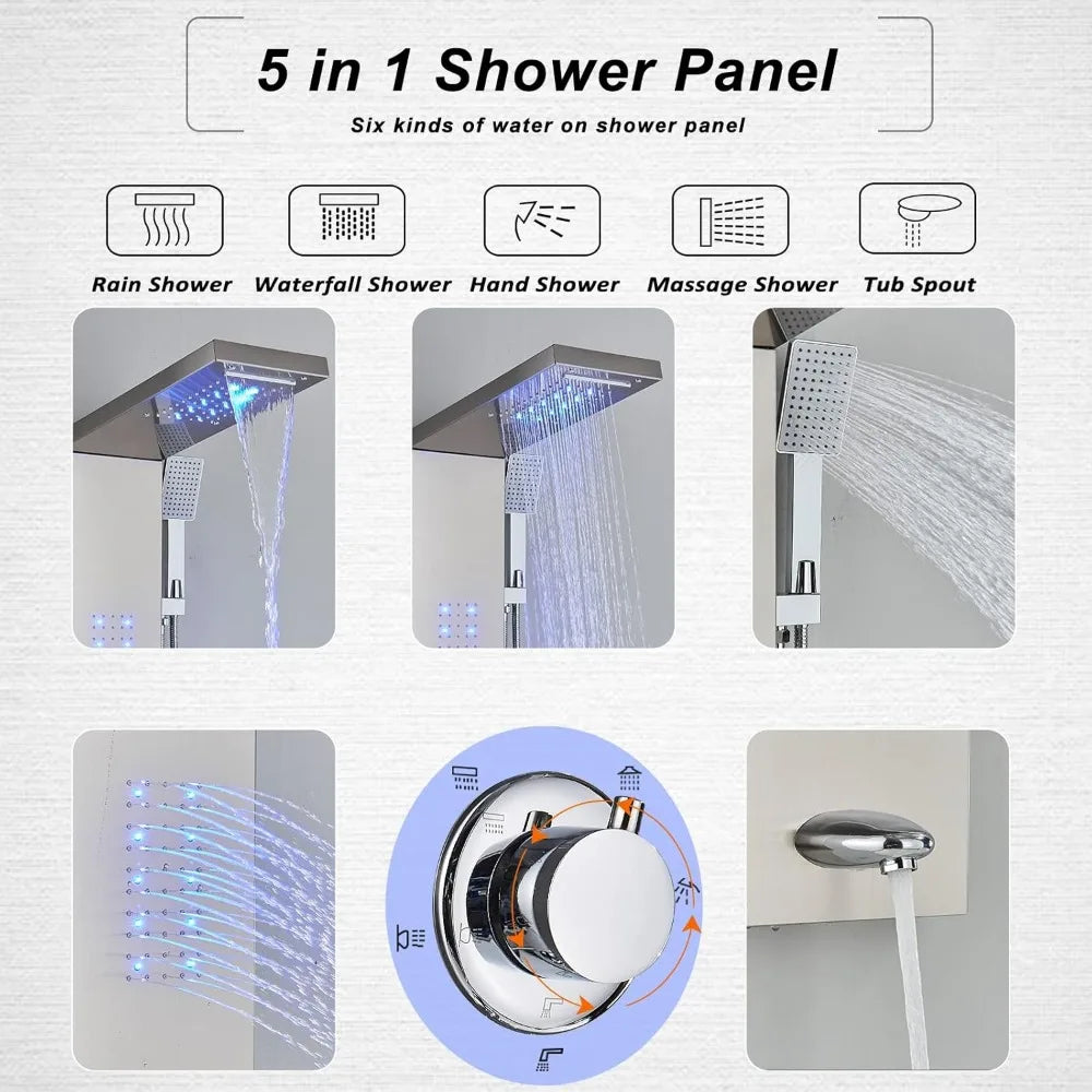 Shower Panel Tower System,LED Rainfall Waterfall Shower Head LED Large Area Massage Jets Tub Spout,Stainless Steel Bathroom - Home Fusion