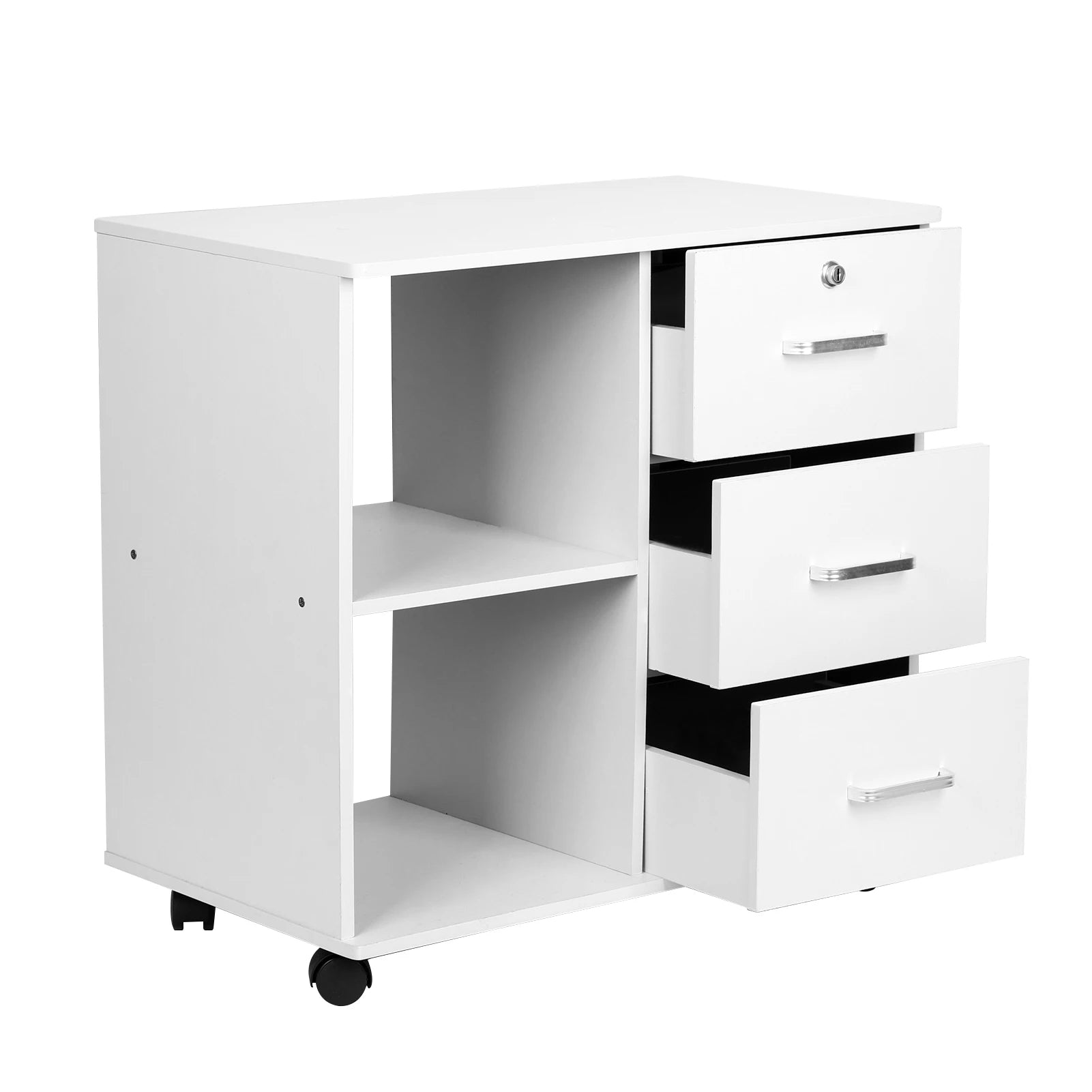 File Cabinet 3 Drawer Printer Stand Lateral Mobile Under Desk Organizer Wooden With Wheels Adjustable Shelves Home Room Storage - Home Fusion