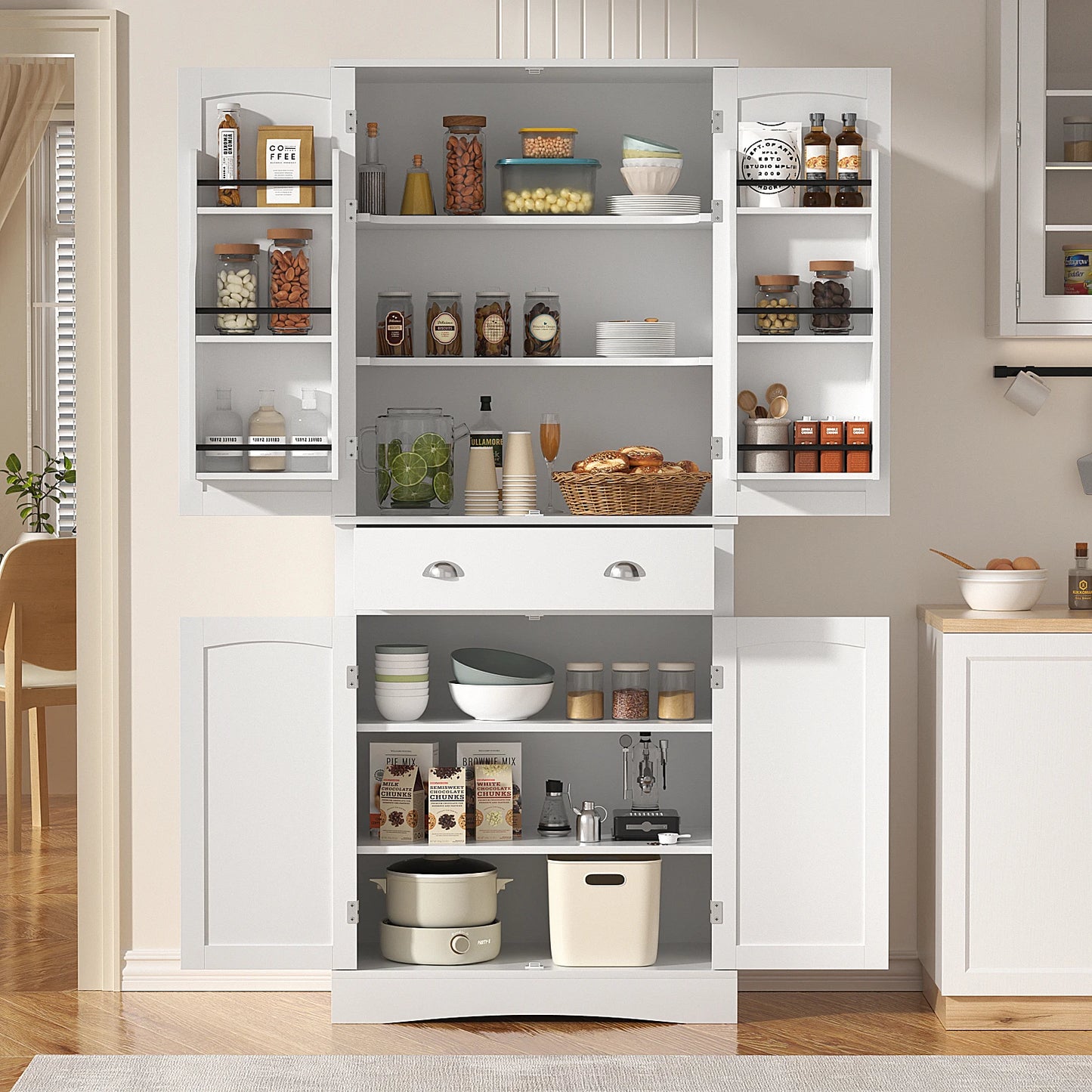 71" H Freestanding Cupboard with 2 Storage Cabinet, 1 Drawer and 4 Adjustable Shelves,Large Tall Pantry Cupboard for Dining Room - Home Fusion