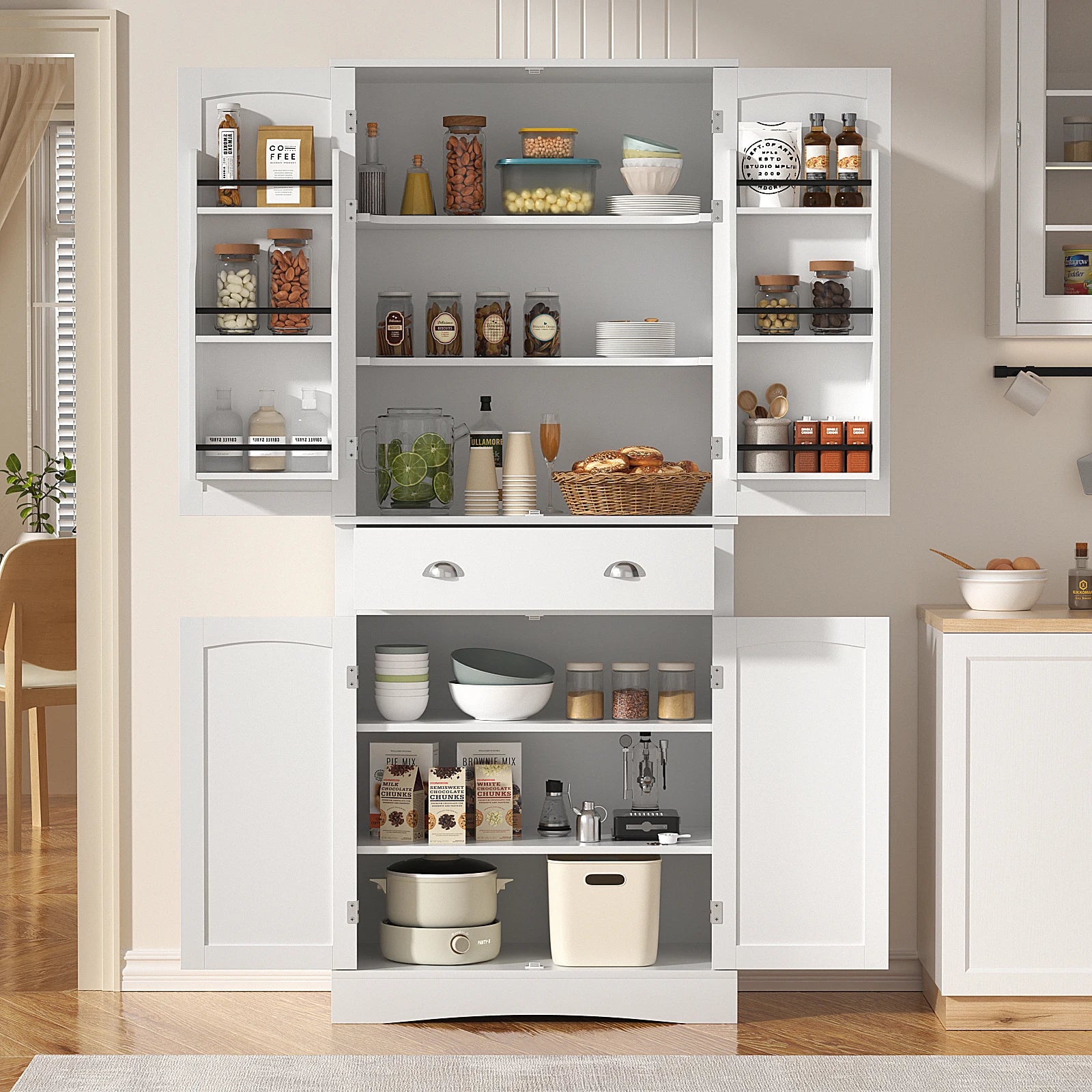 71" H Freestanding Cupboard with 2 Storage Cabinet, 1 Drawer and 4 Adjustable Shelves,Large Tall Pantry Cupboard for Dining Room - Home Fusion