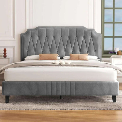 Velvet Upholstered Platform Bed with Curved Headboard. - Home Fusion