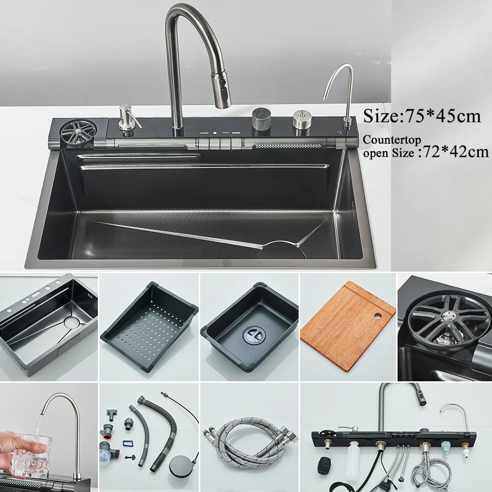 304 Stainless Steel Waterfall Kitchen Sink Large Single Slot Integrated Digital Display Faucet Set Soap Dispenser Cup Washer Home Fusion