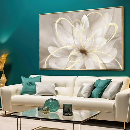 Living room flower wall art 32x48 inch gold large artwork painting.