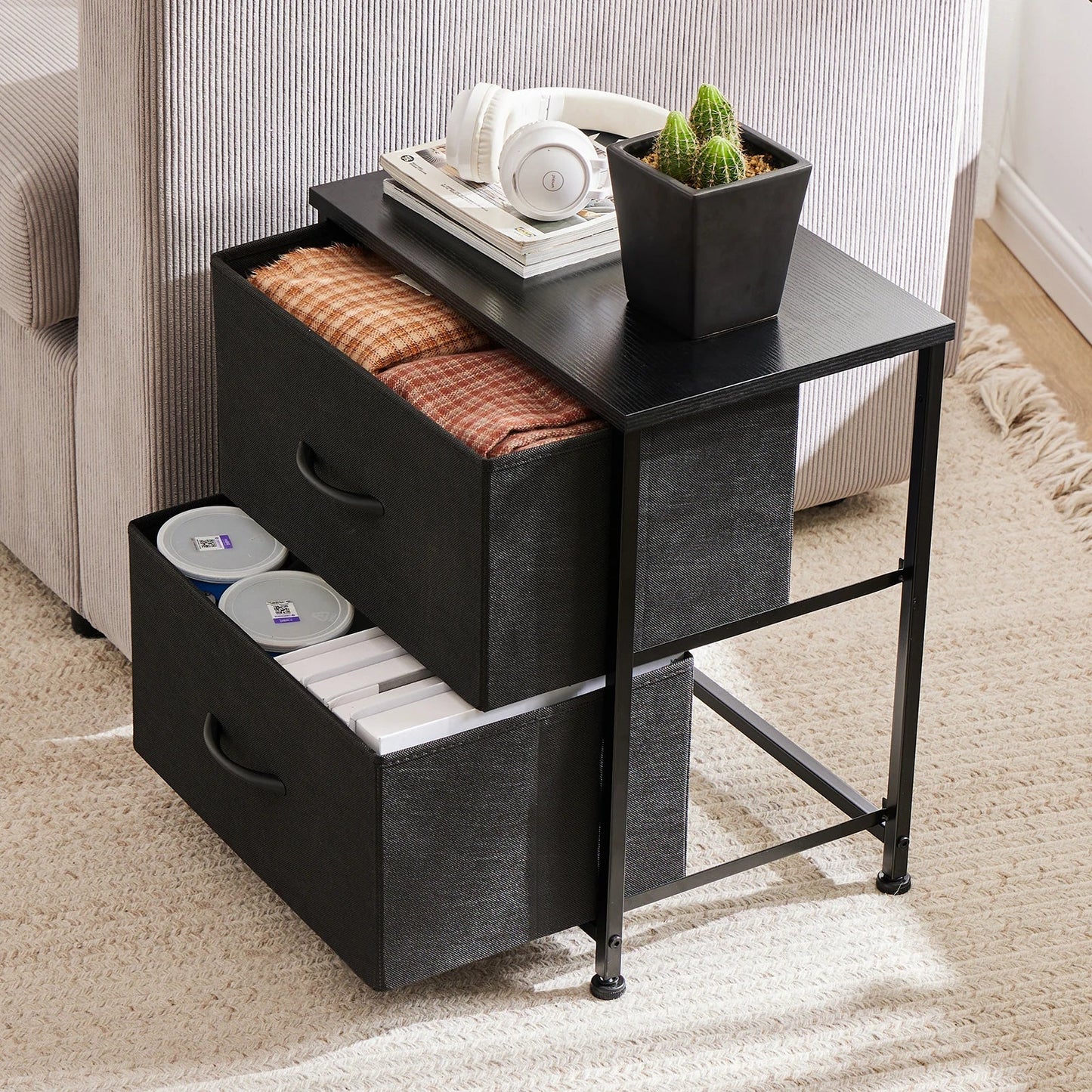 JHK Nightstand with 2 Fabric Drawers – Bedside Table & Storage Cabinet - Home Fusion