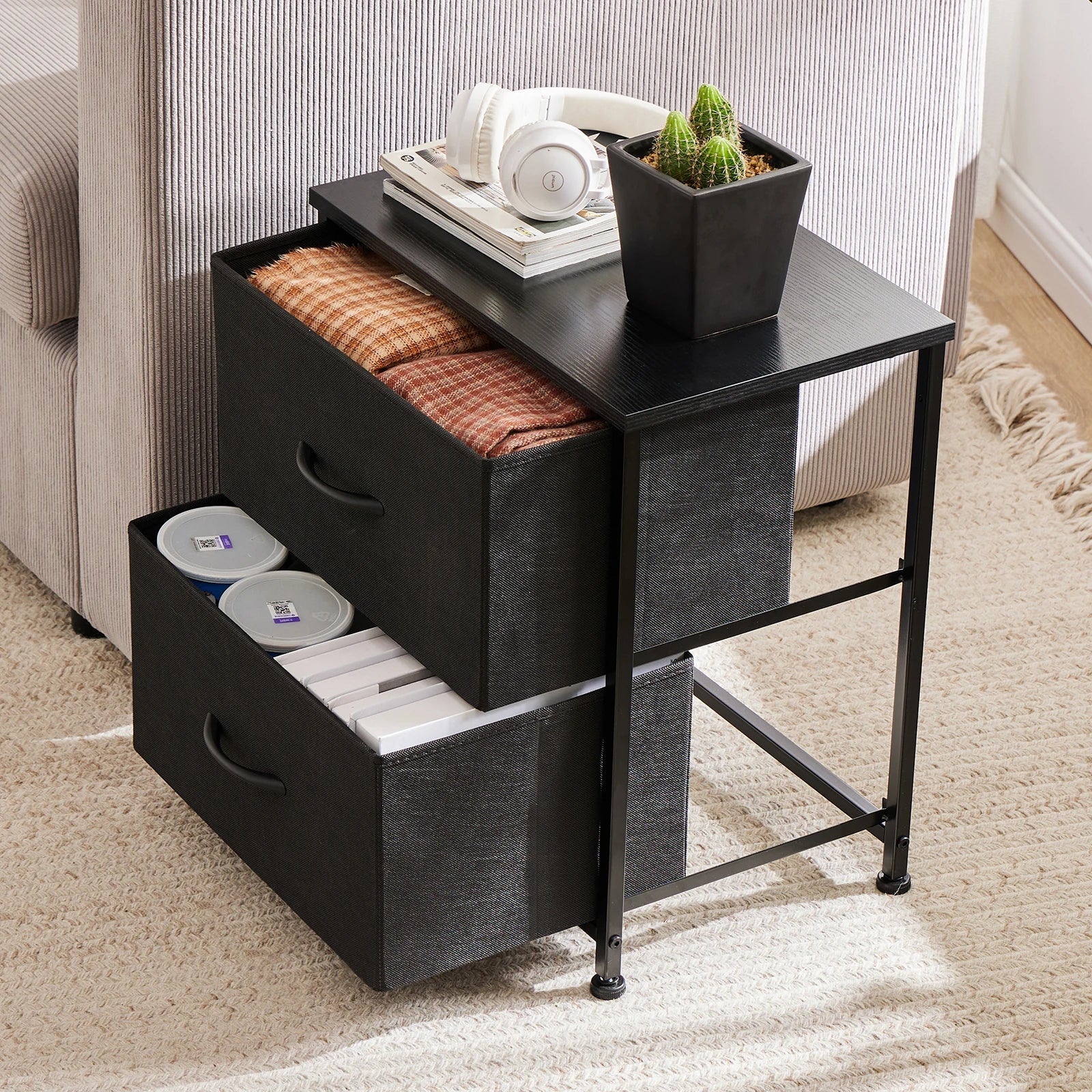 JHK Nightstand with 2 Fabric Drawers – Bedside Table & Storage Cabinet - Home Fusion