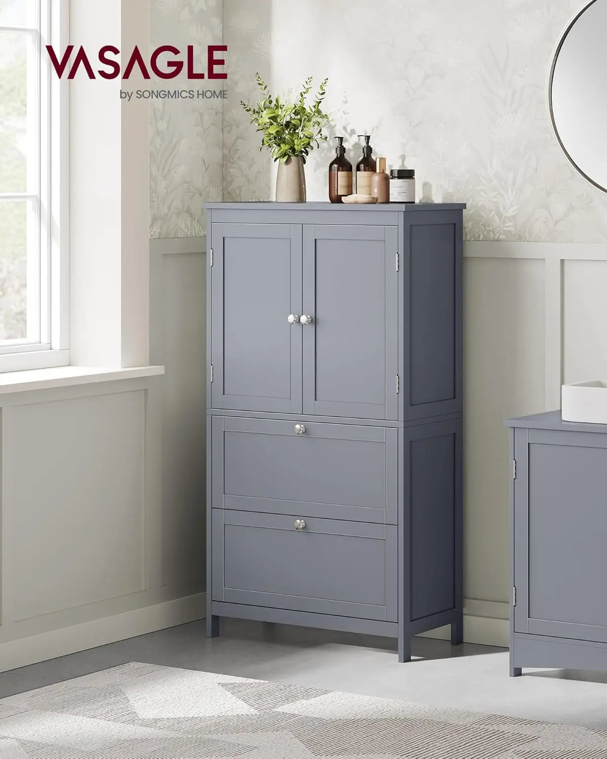 Bathroom Floor Storage Cabinet, Bathroom Storage Unit, Freestanding Cabinet with 2 Drawers and 2 Doors, Adjustable Shelf - Home Fusion