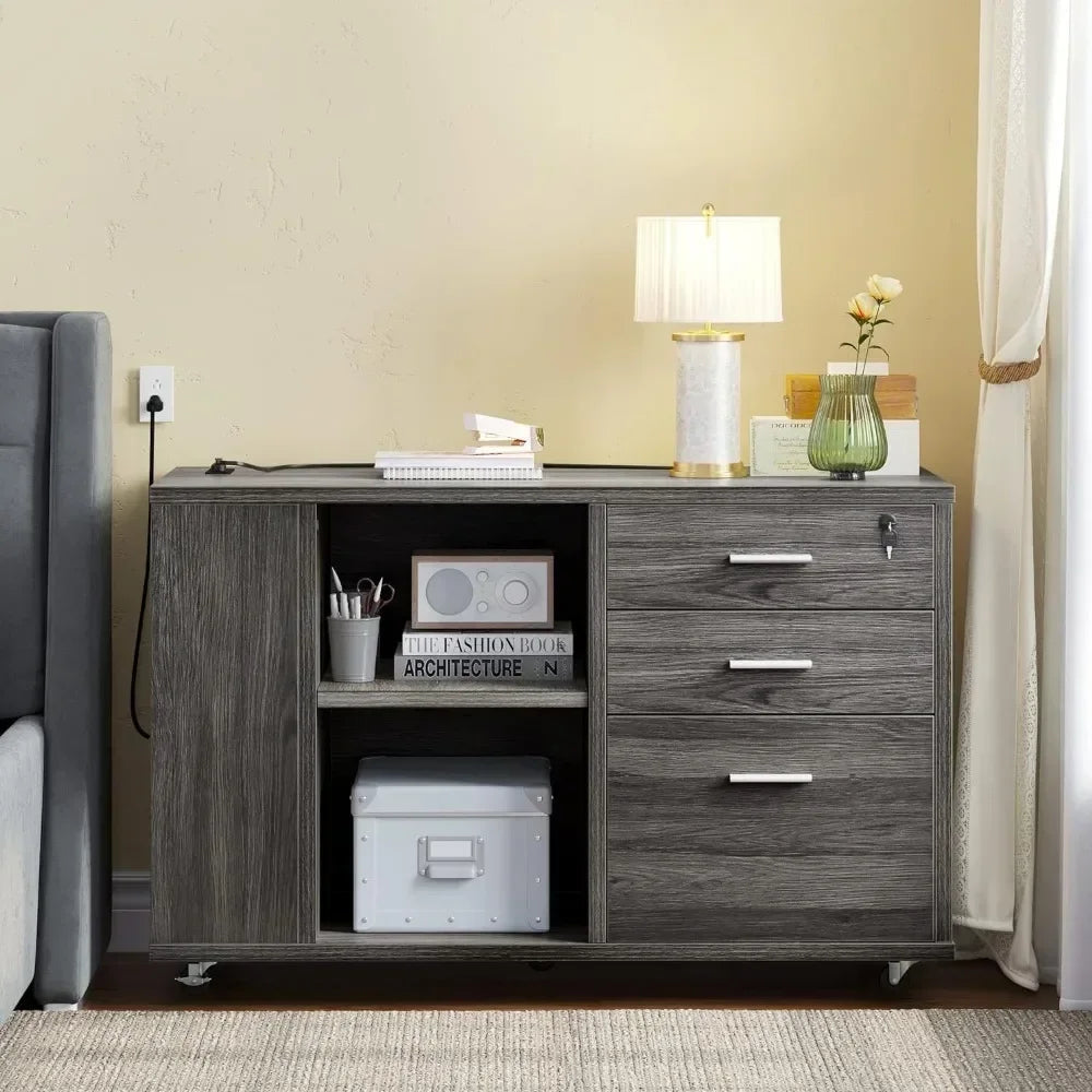 5-Tier Bookshelf and File Cabinet with Charging Station, Mobile Storage Furniture for Home Office Organization - Home Fusion